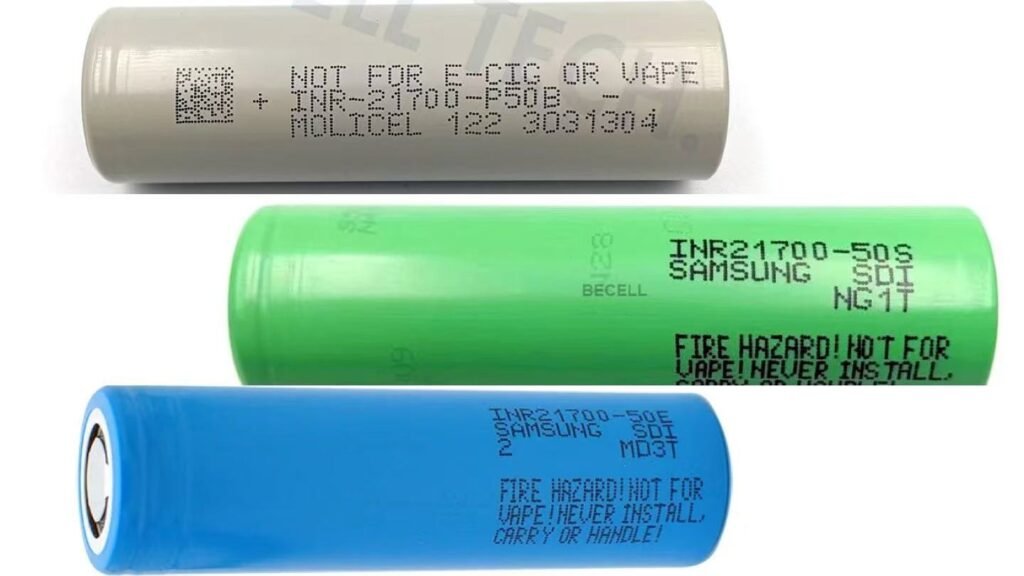 Side-by-side comparison photo of Samsung 50E, Samsung 50S and Molicel P50B 21700 5000mAh batteries