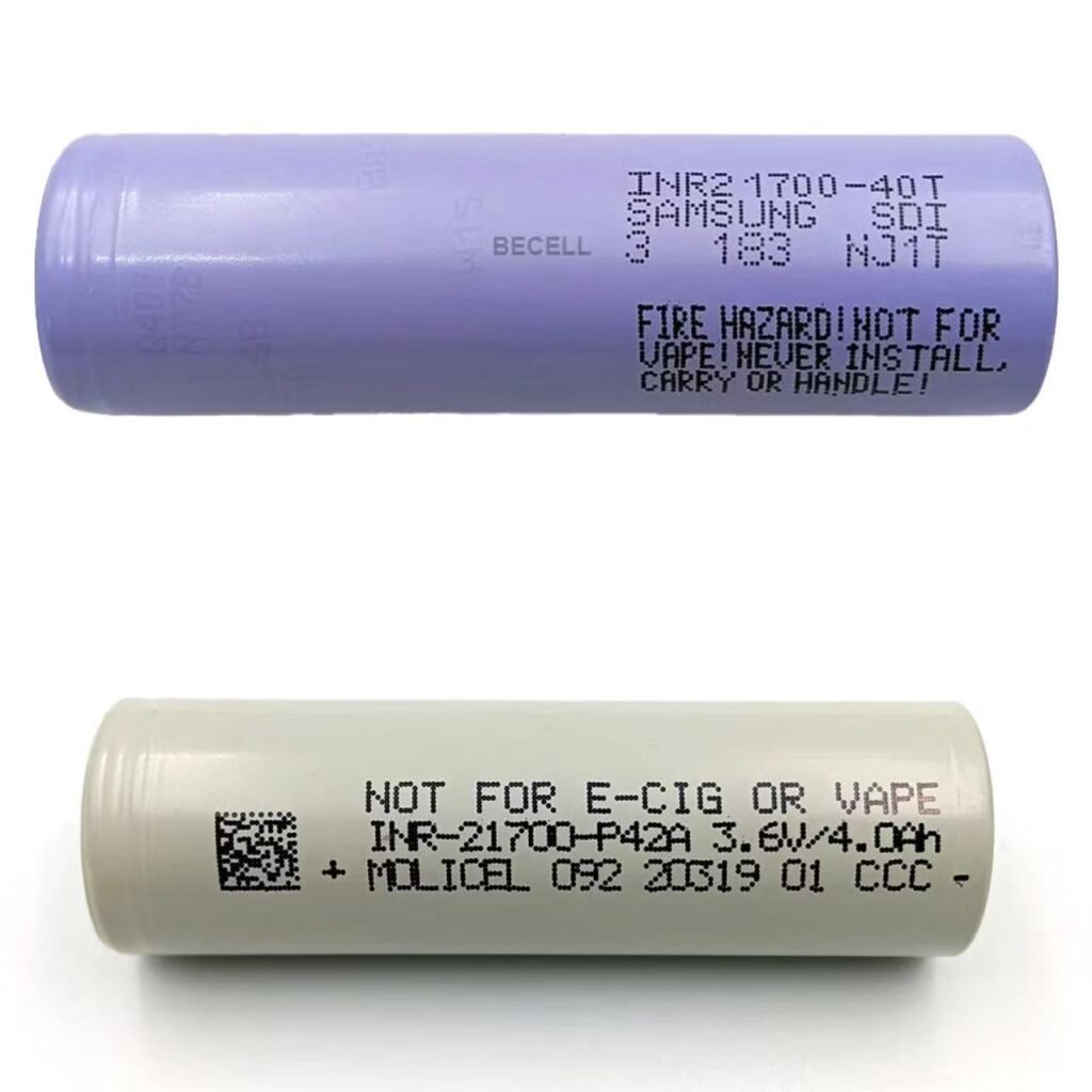 Comparison table of Samsung 40T and Molicel P42A 21700 battery specs including capacity, discharge current, impedance and cycle life