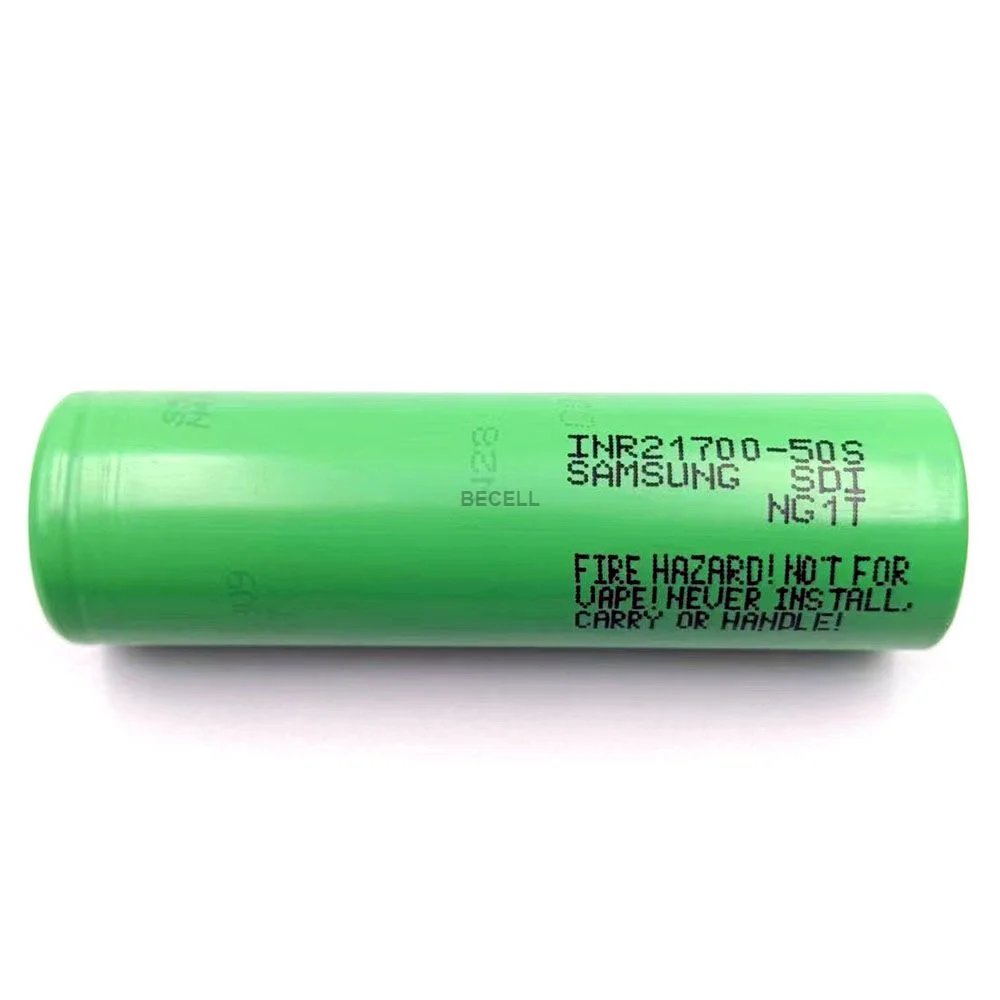 Samsung INR21700-50S 21700 lithium battery close-up, 5000mAh capacity, 45A continuous discharge, ideal for power tools and e-bikes