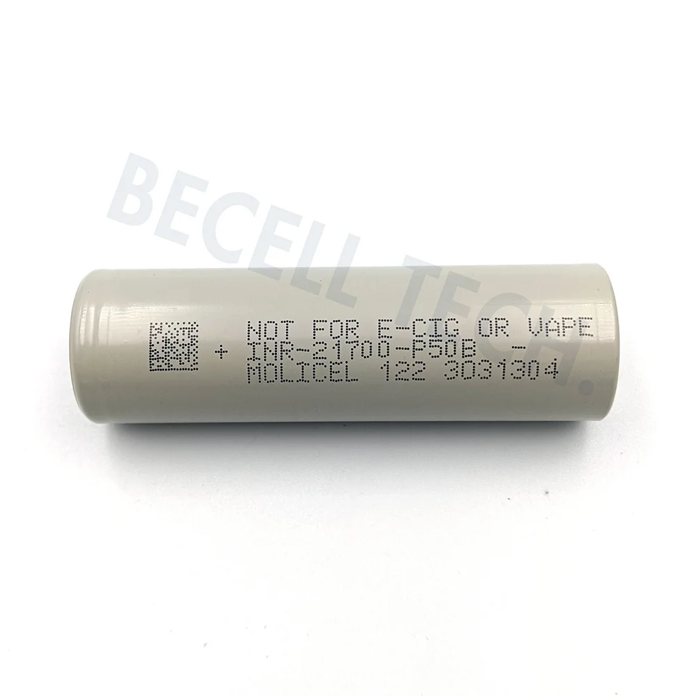 Molicel INR21700-P50B 21700 lithium battery close-up, 5000mAh capacity, 60A continuous discharge, ideal for drones and high-power devices