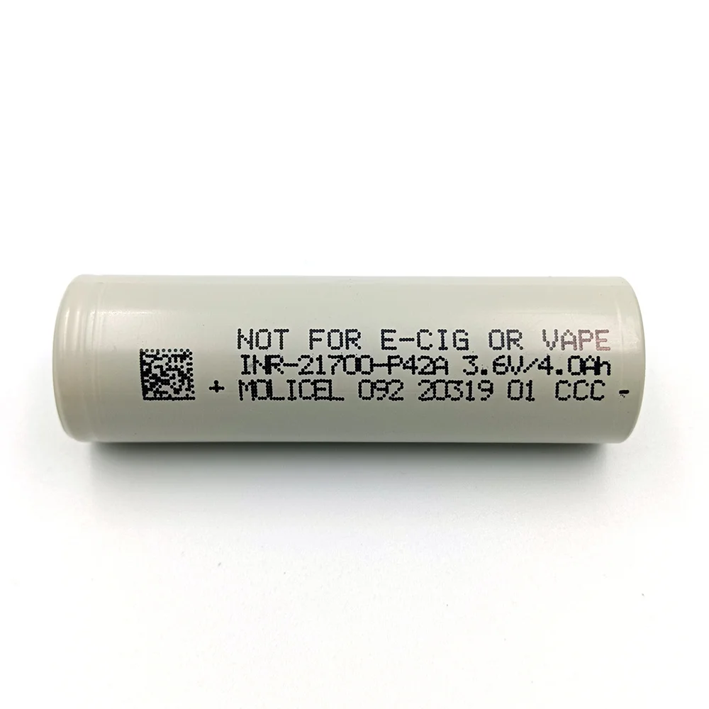Molicel INR21700-P42A 21700 battery close-up, 4200mAh capacity, 45A continuous discharge, high-rate cell