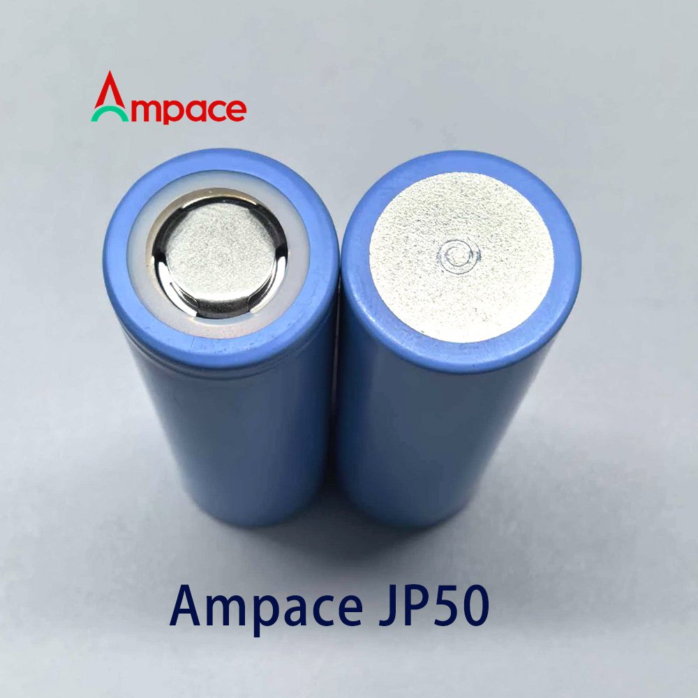 Ampace 21700 JP50 21700 lithium-ion cell showing positive and negative terminals