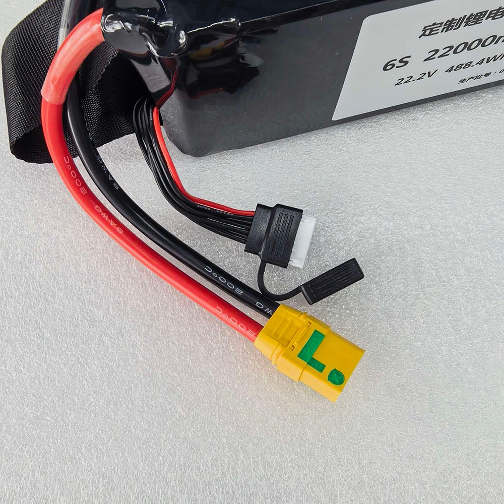 6S 22.2V 22000mAh LiPo battery pack with 8AWG discharge cable and XH2.54-7PIN connector