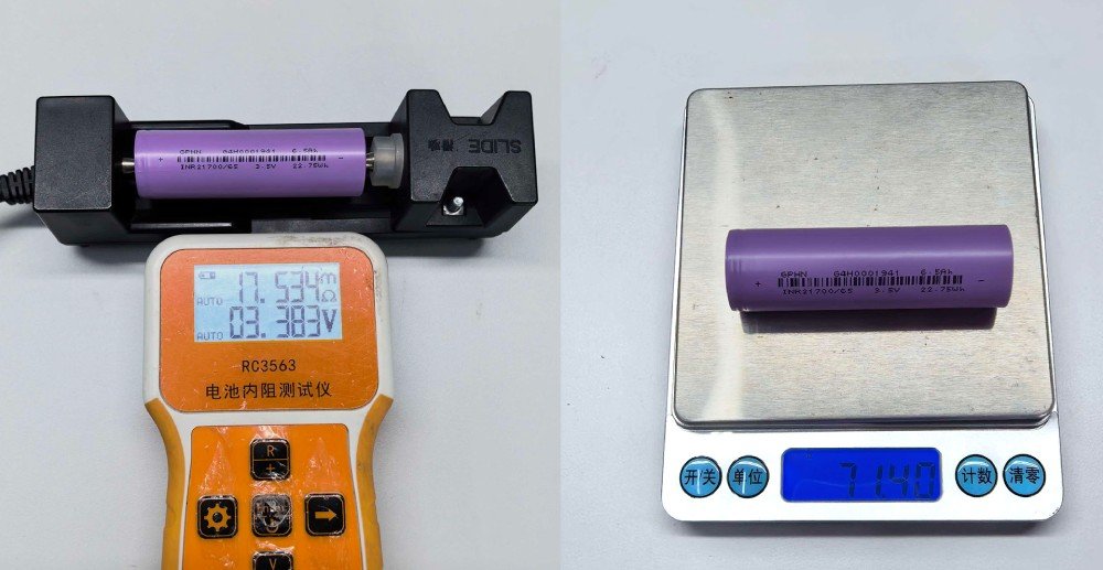 INR21700/65 6500mAh 3.5V Li-ion cell: ACIR ≤25mΩ and weight ≤74g