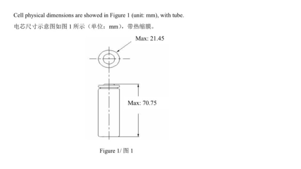 INR2170-50D2 21700 battery dimensions: 21.45mm diameter and 70.75mm height